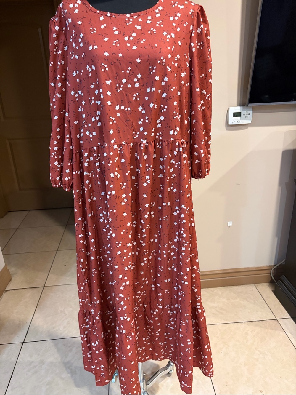 Women's Rust Floral Maxi Dress - White Print